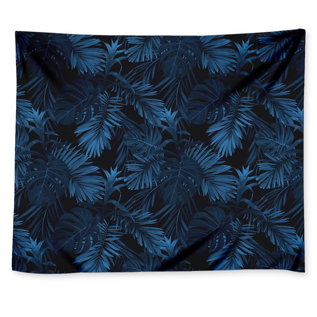 Dark Blue Tropical Leaf Pattern Print Tapestry