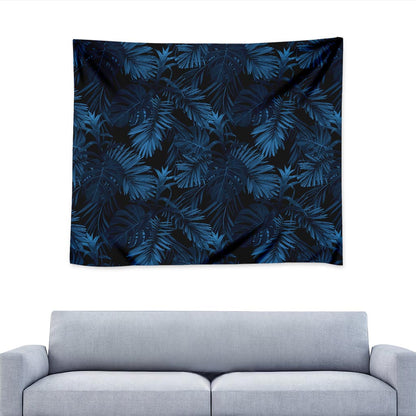 Dark Blue Tropical Leaf Pattern Print Tapestry