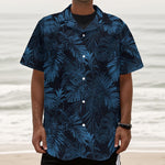 Dark Blue Tropical Leaf Pattern Print Textured Short Sleeve Shirt