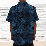 Dark Blue Tropical Leaf Pattern Print Textured Short Sleeve Shirt