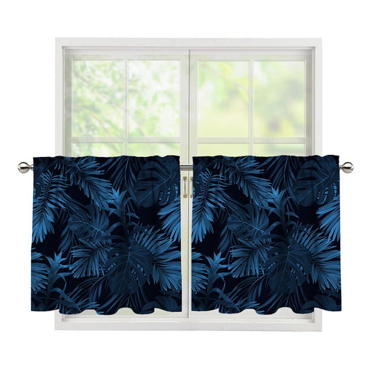 Dark Blue Tropical Leaf Pattern Print Tier Curtains