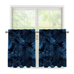 Dark Blue Tropical Leaf Pattern Print Tier Curtains