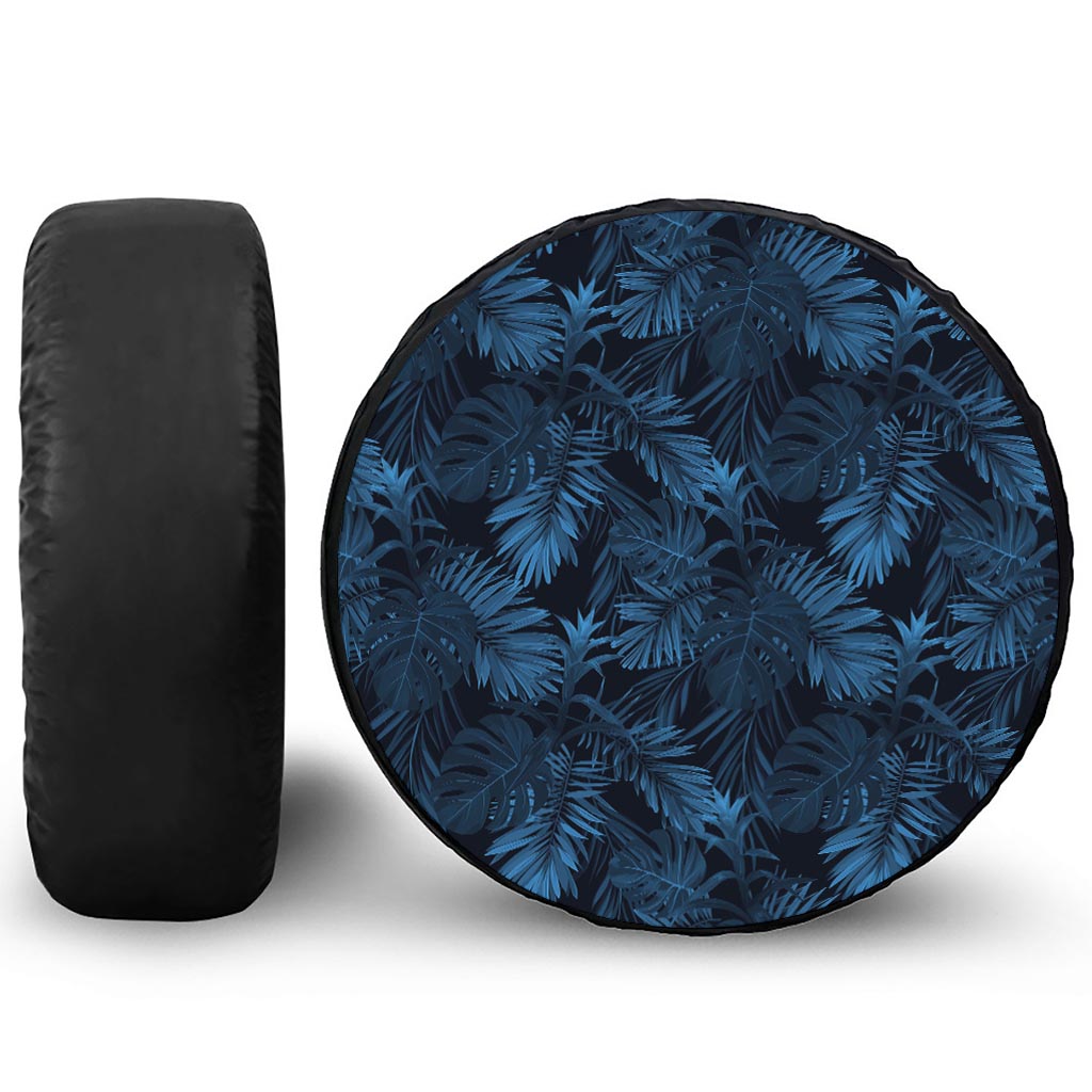 Dark Blue Tropical Leaf Pattern Print Tire Cover