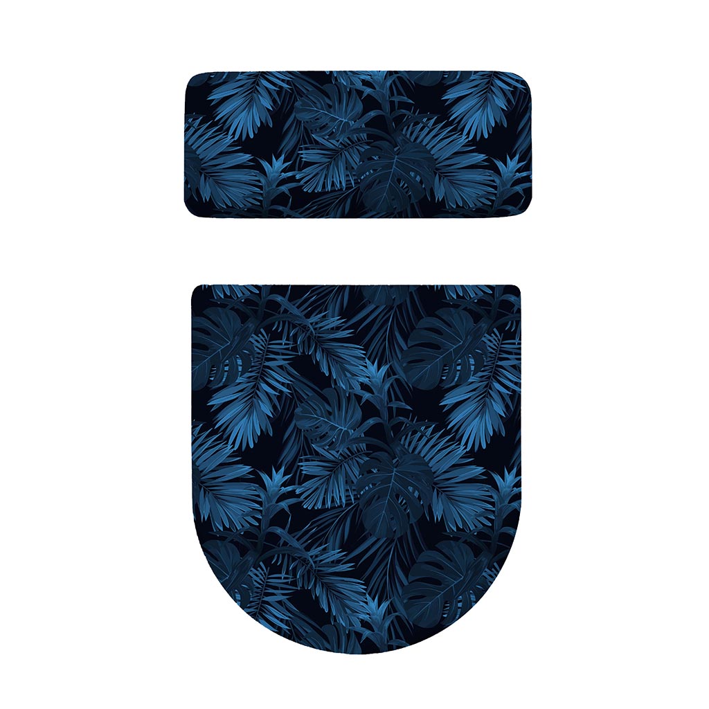 Dark Blue Tropical Leaf Pattern Print Toilet Lid And Tank Cover Set