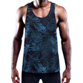 Dark Blue Tropical Leaf Pattern Print Men's Workout Tank Top