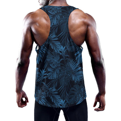 Dark Blue Tropical Leaf Pattern Print Training Tank Top