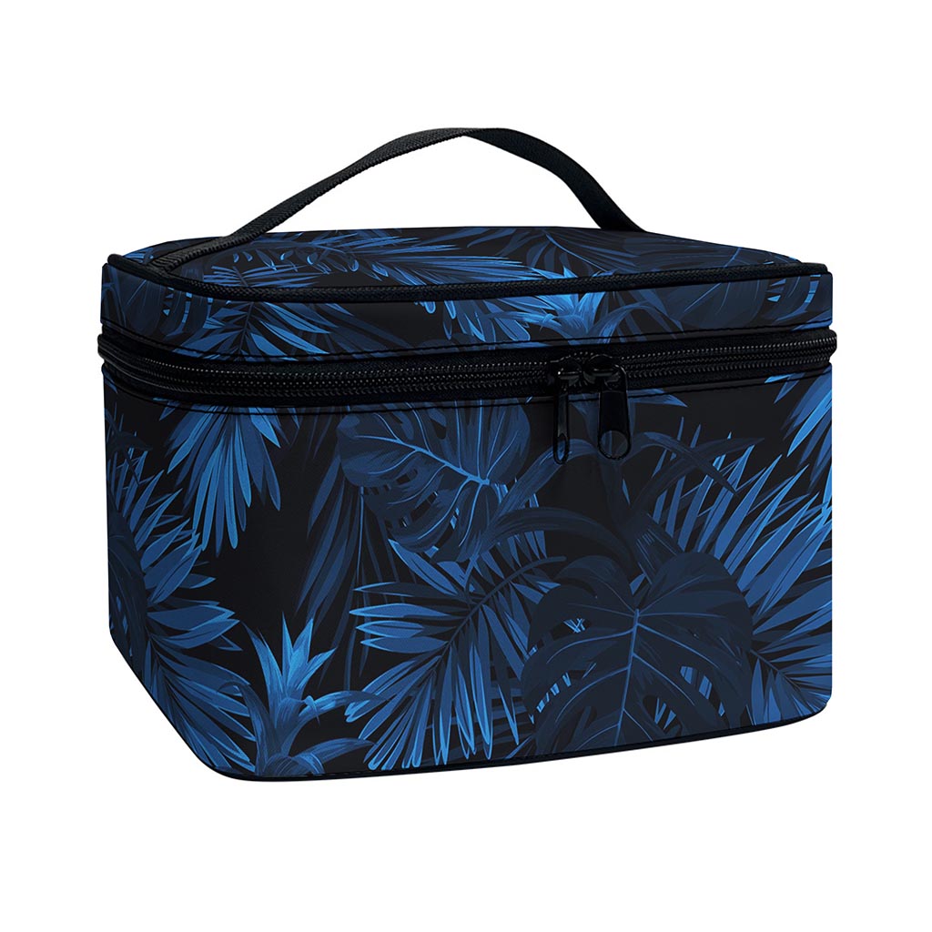 Dark Blue Tropical Leaf Pattern Print Travel Makeup Bag