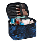 Dark Blue Tropical Leaf Pattern Print Travel Makeup Bag