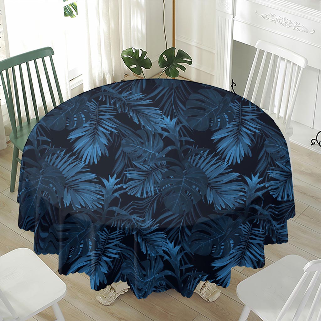 Dark Blue Tropical Leaf Pattern Print Waterproof Round Tablecloth