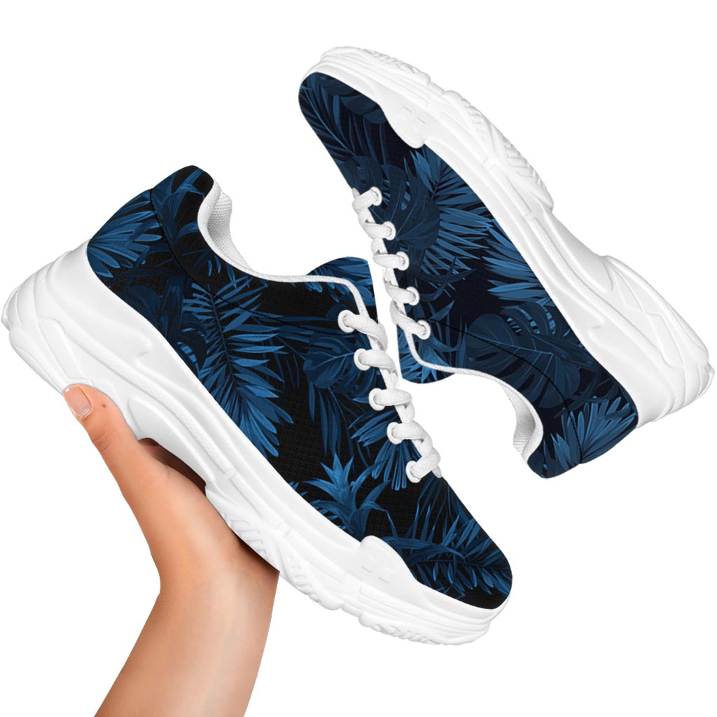 Dark Blue Tropical Leaf Pattern Print White Chunky Shoes