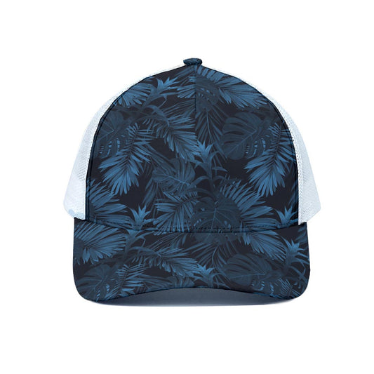 Dark Blue Tropical Leaf Pattern Print White Mesh Trucker Cap