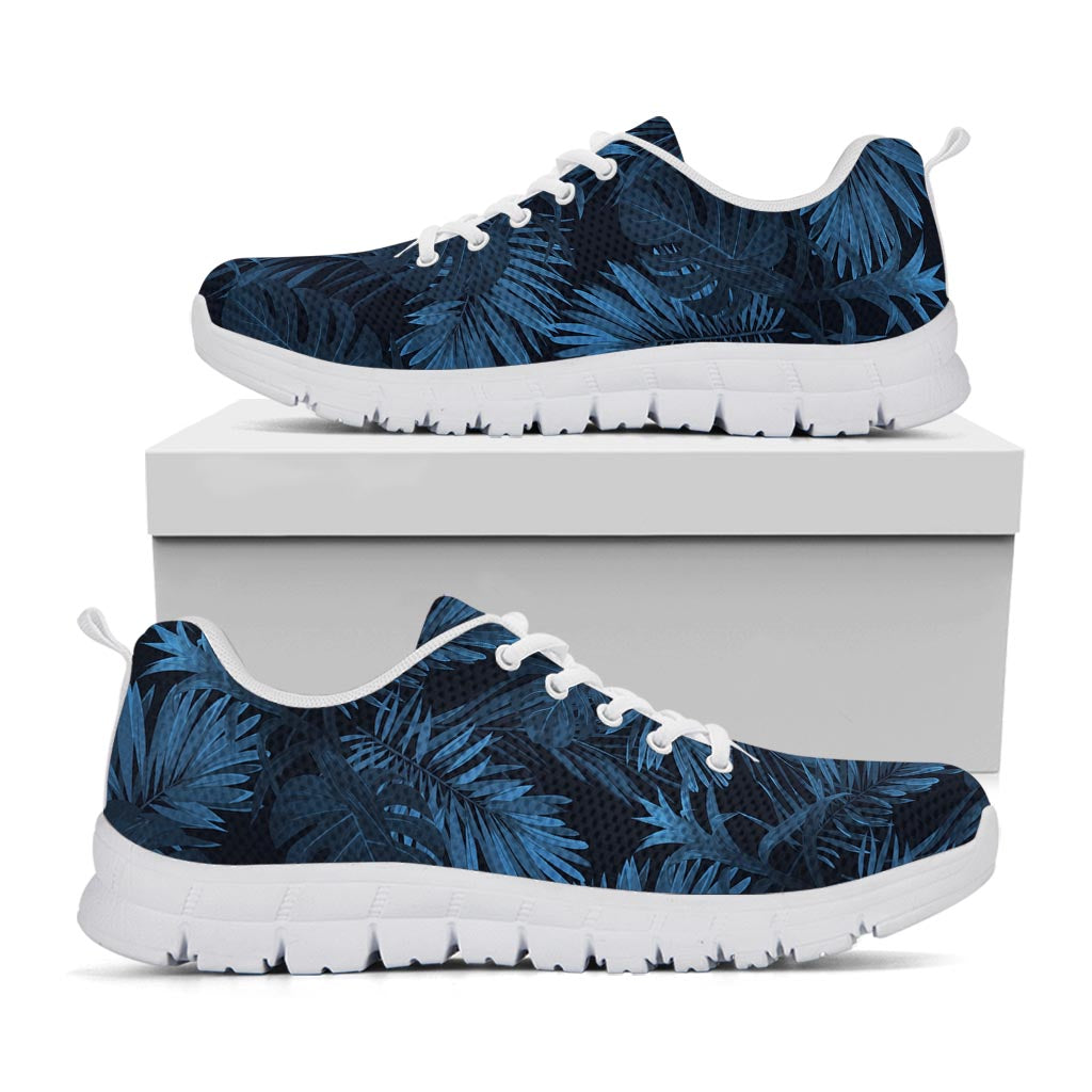 Dark Blue Tropical Leaf Pattern Print White Running Shoes