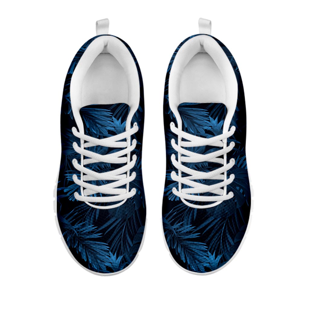 Dark Blue Tropical Leaf Pattern Print White Running Shoes
