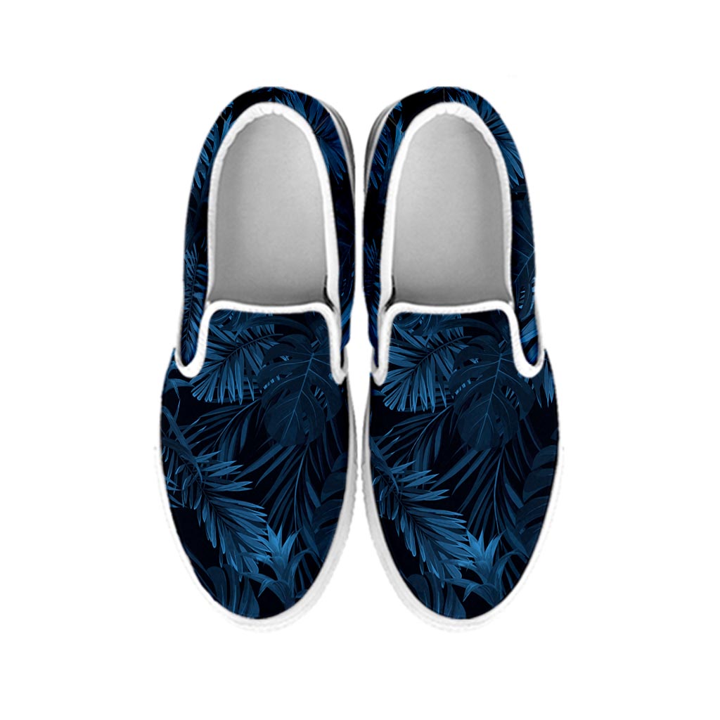 Dark Blue Tropical Leaf Pattern Print White Slip On Sneakers