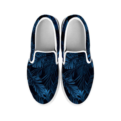Dark Blue Tropical Leaf Pattern Print White Slip On Sneakers