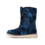 Dark Blue Tropical Leaf Pattern Print Winter Boots