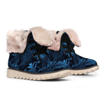 Dark Blue Tropical Leaf Pattern Print Winter Boots