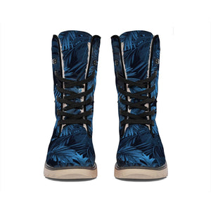 Dark Blue Tropical Leaf Pattern Print Winter Boots