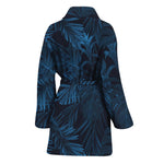 Dark Blue Tropical Leaf Pattern Print Women's Bathrobe
