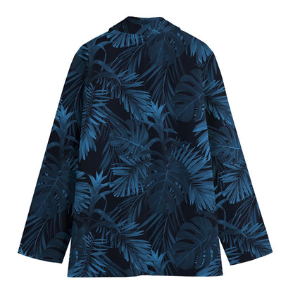 Dark Blue Tropical Leaf Pattern Print Women's Blazer