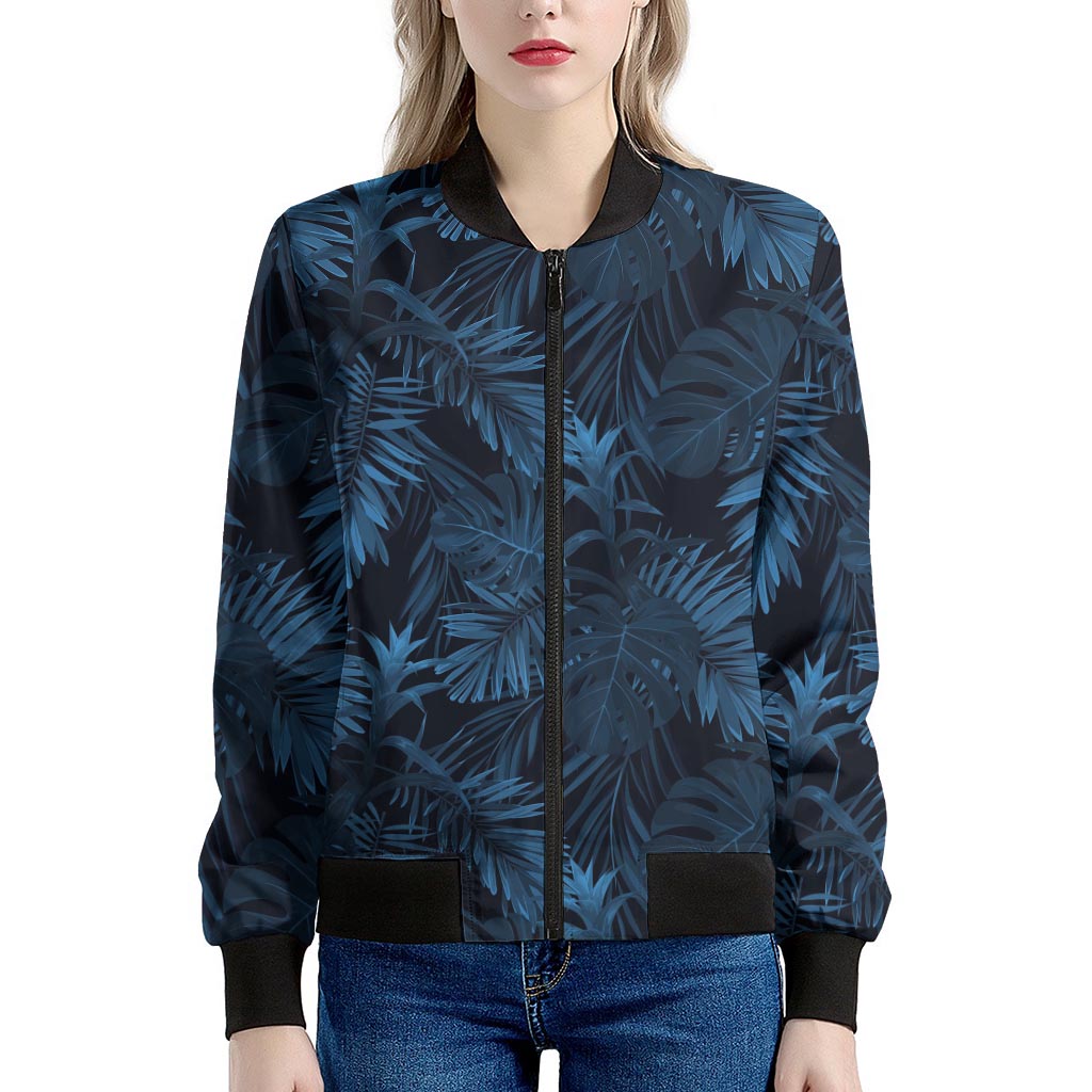 Dark Blue Tropical Leaf Pattern Print Women's Bomber Jacket
