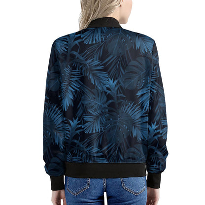 Dark Blue Tropical Leaf Pattern Print Women's Bomber Jacket