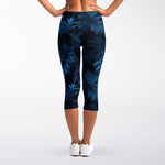 Dark Blue Tropical Leaf Pattern Print Women's Capri Leggings