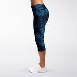 Dark Blue Tropical Leaf Pattern Print Women's Capri Leggings