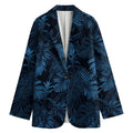 Dark Blue Tropical Leaf Pattern Print Women's Cotton Blazer