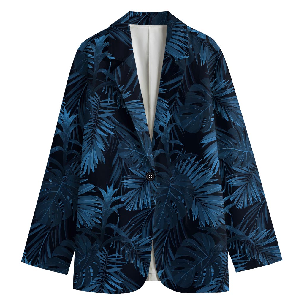 Dark Blue Tropical Leaf Pattern Print Women's Cotton Blazer