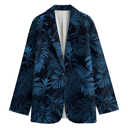 Dark Blue Tropical Leaf Pattern Print Women's Cotton Blazer
