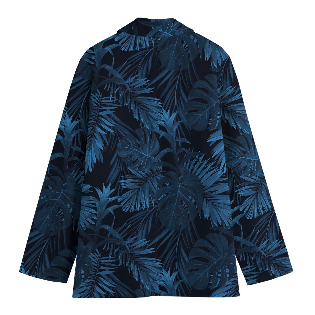 Dark Blue Tropical Leaf Pattern Print Women's Cotton Blazer