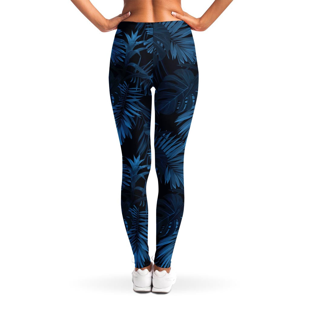 Dark Blue Tropical Leaf Pattern Print Women's Leggings