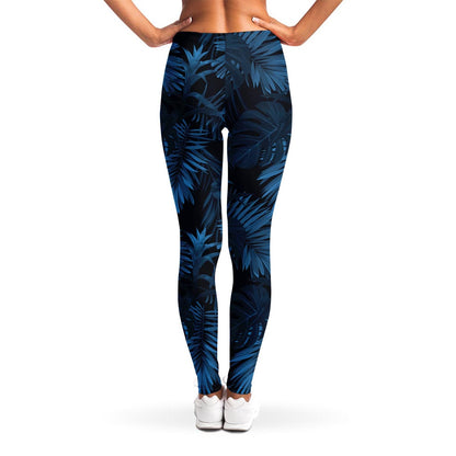 Dark Blue Tropical Leaf Pattern Print Women's Leggings
