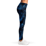 Dark Blue Tropical Leaf Pattern Print Women's Leggings