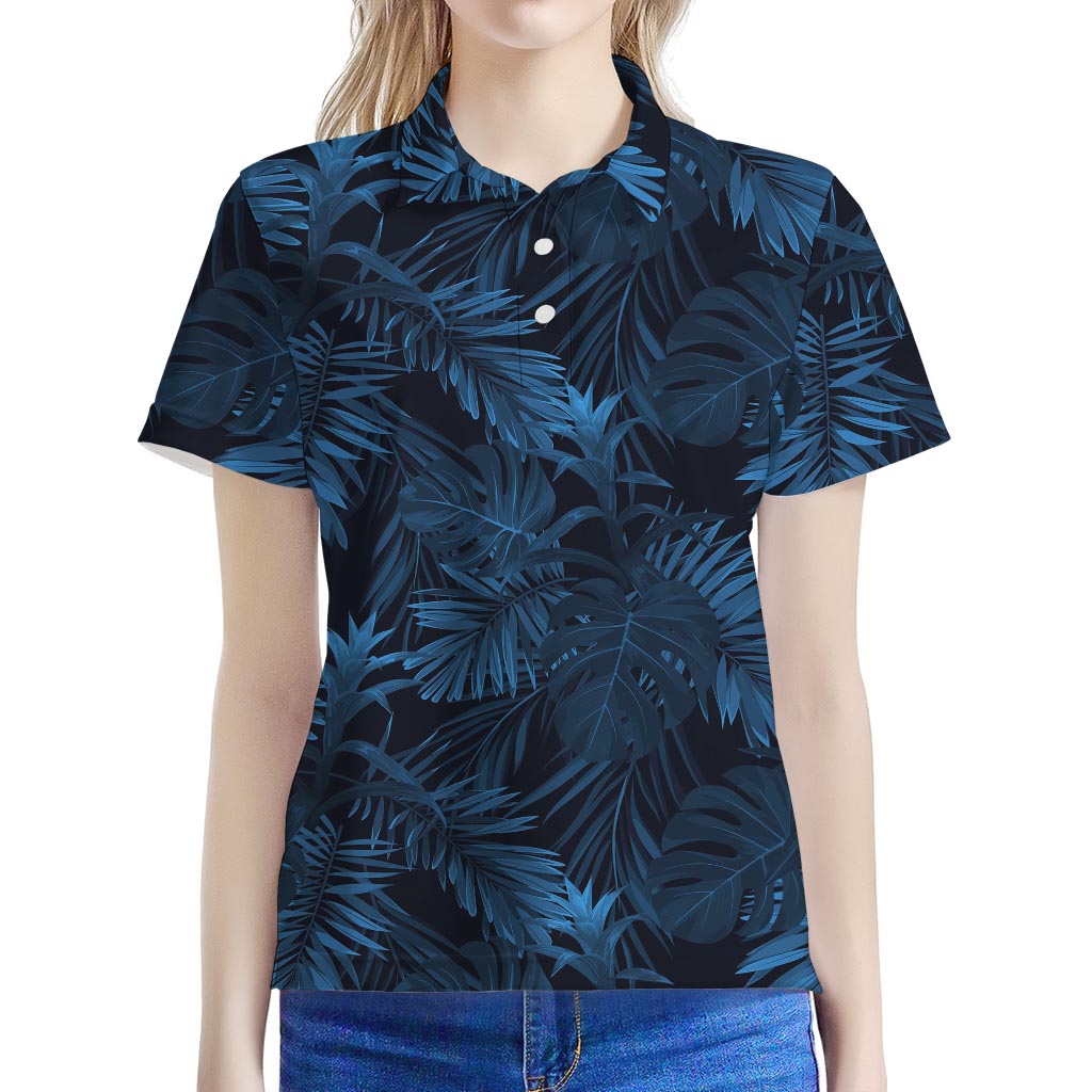 Dark Blue Tropical Leaf Pattern Print Women's Polo Shirt