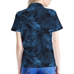 Dark Blue Tropical Leaf Pattern Print Women's Polo Shirt