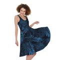 Dark Blue Tropical Leaf Pattern Print Sleeveless Knee Length Dress