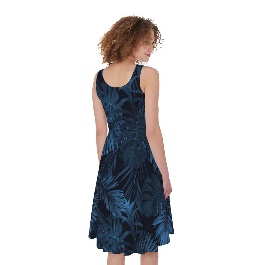 Dark Blue Tropical Leaf Pattern Print Women's Sleeveless Dress