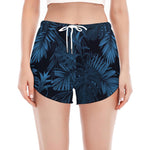 Dark Blue Tropical Leaf Pattern Print Women's Split Running Shorts