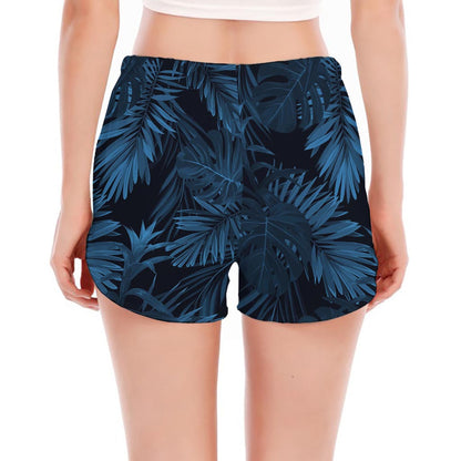 Dark Blue Tropical Leaf Pattern Print Women's Split Running Shorts