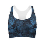 Dark Blue Tropical Leaf Pattern Print Women's Sports Bra