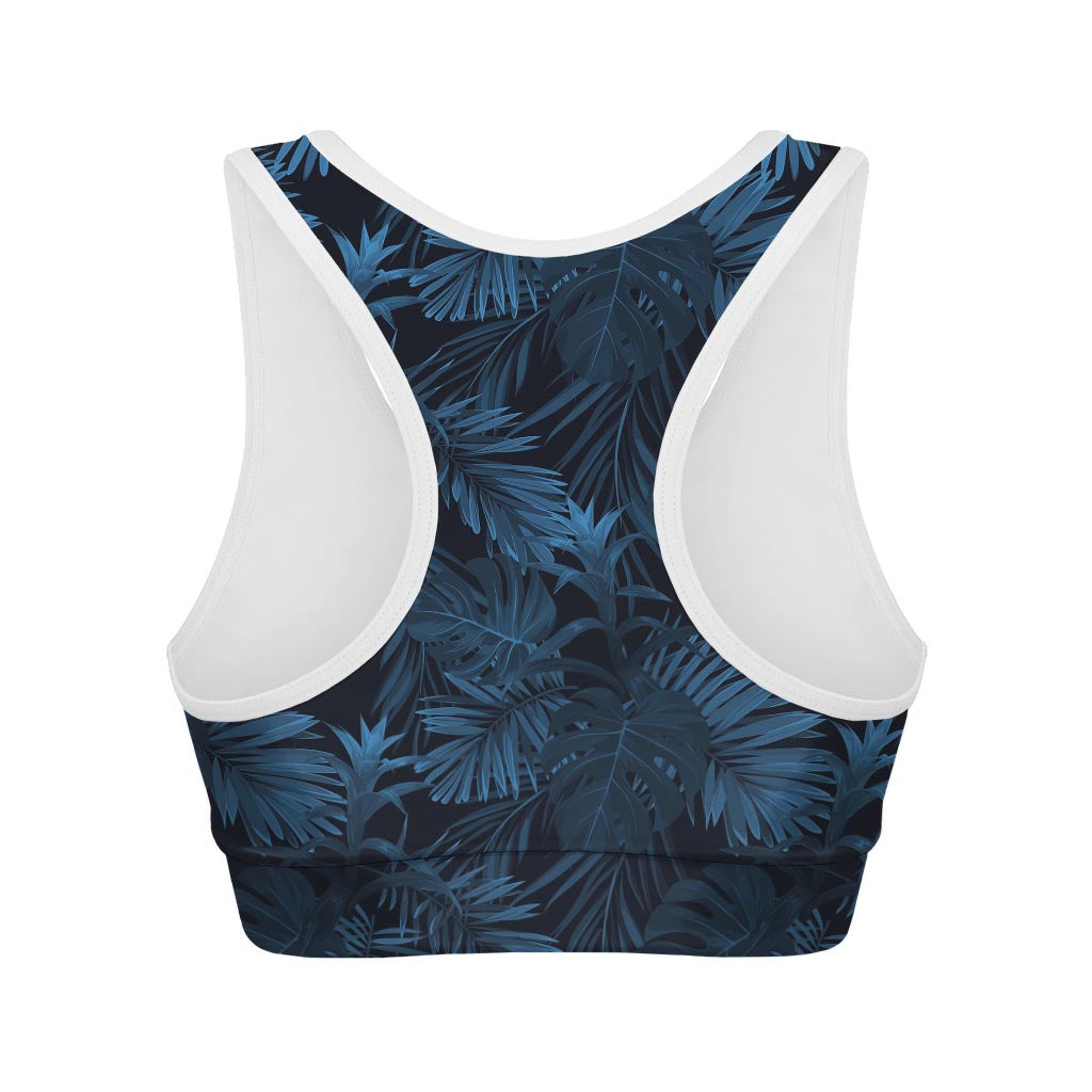 Dark Blue Tropical Leaf Pattern Print Women's Sports Bra