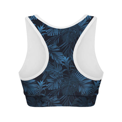 Dark Blue Tropical Leaf Pattern Print Women's Sports Bra