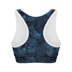 Dark Blue Tropical Leaf Pattern Print Women's Sports Bra