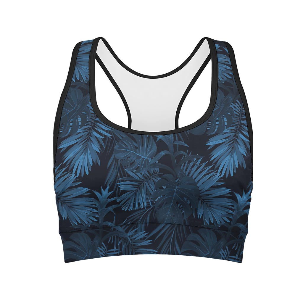 Dark Blue Tropical Leaf Pattern Print Women's Sports Bra