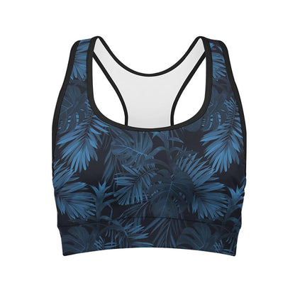 Dark Blue Tropical Leaf Pattern Print Women's Sports Bra