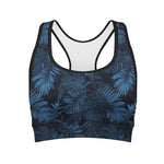 Dark Blue Tropical Leaf Pattern Print Women's Sports Bra