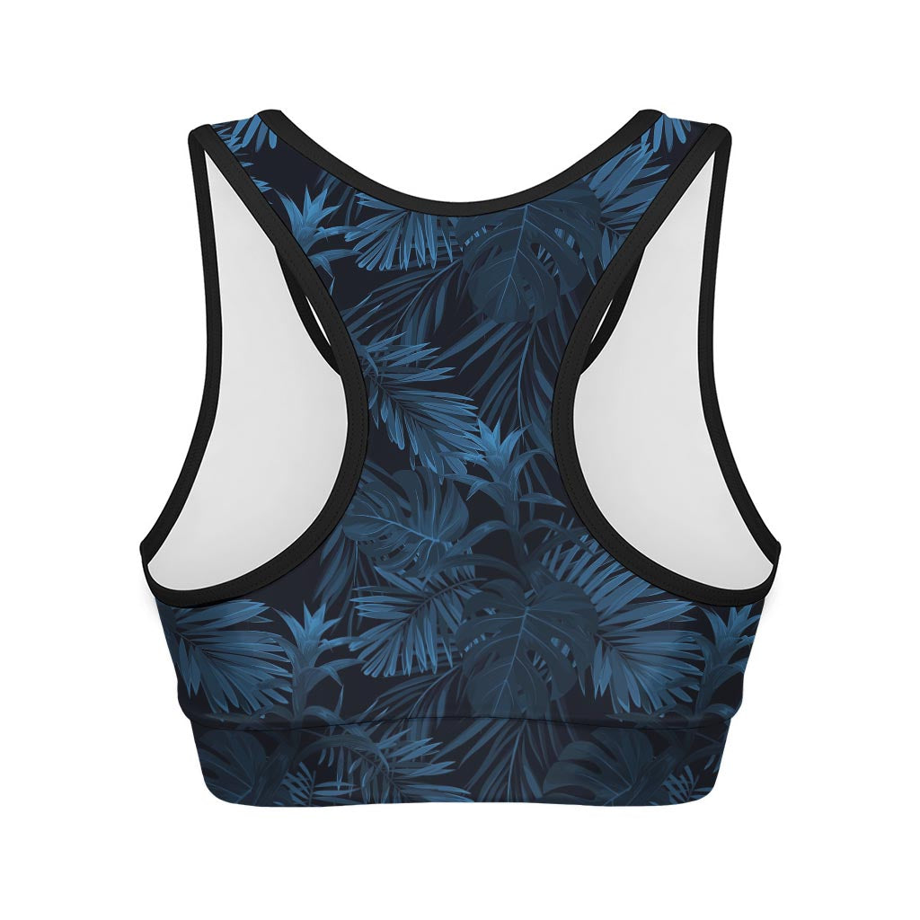 Dark Blue Tropical Leaf Pattern Print Women's Sports Bra