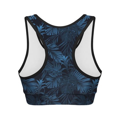 Dark Blue Tropical Leaf Pattern Print Women's Sports Bra